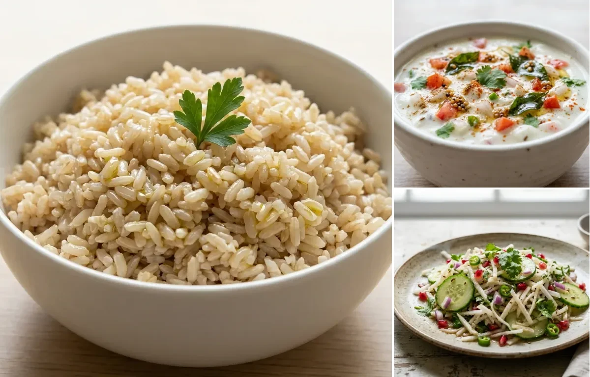 Steamed Steamed White Rice with Egg Bhurji Main, Onion Tomato Raita and Mooli Cucumber Salad