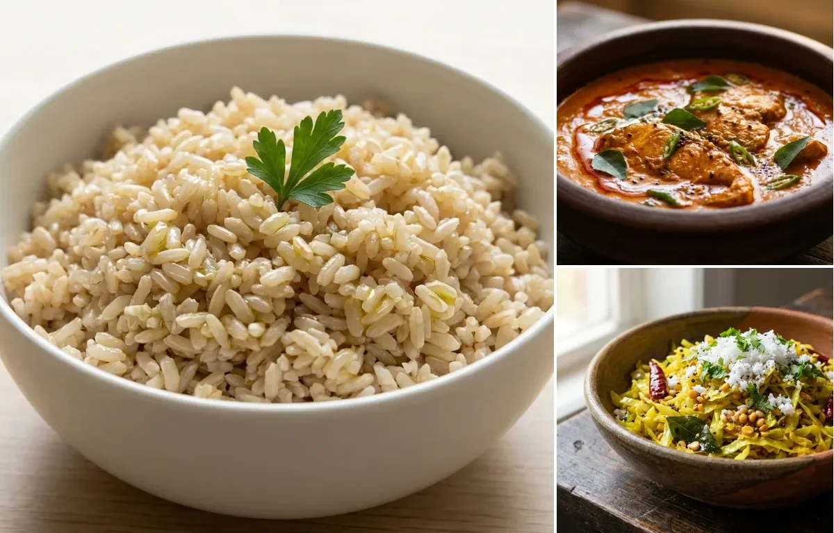 Steamed Steamed White Rice with Fish Curry and Cabbage Poriyal