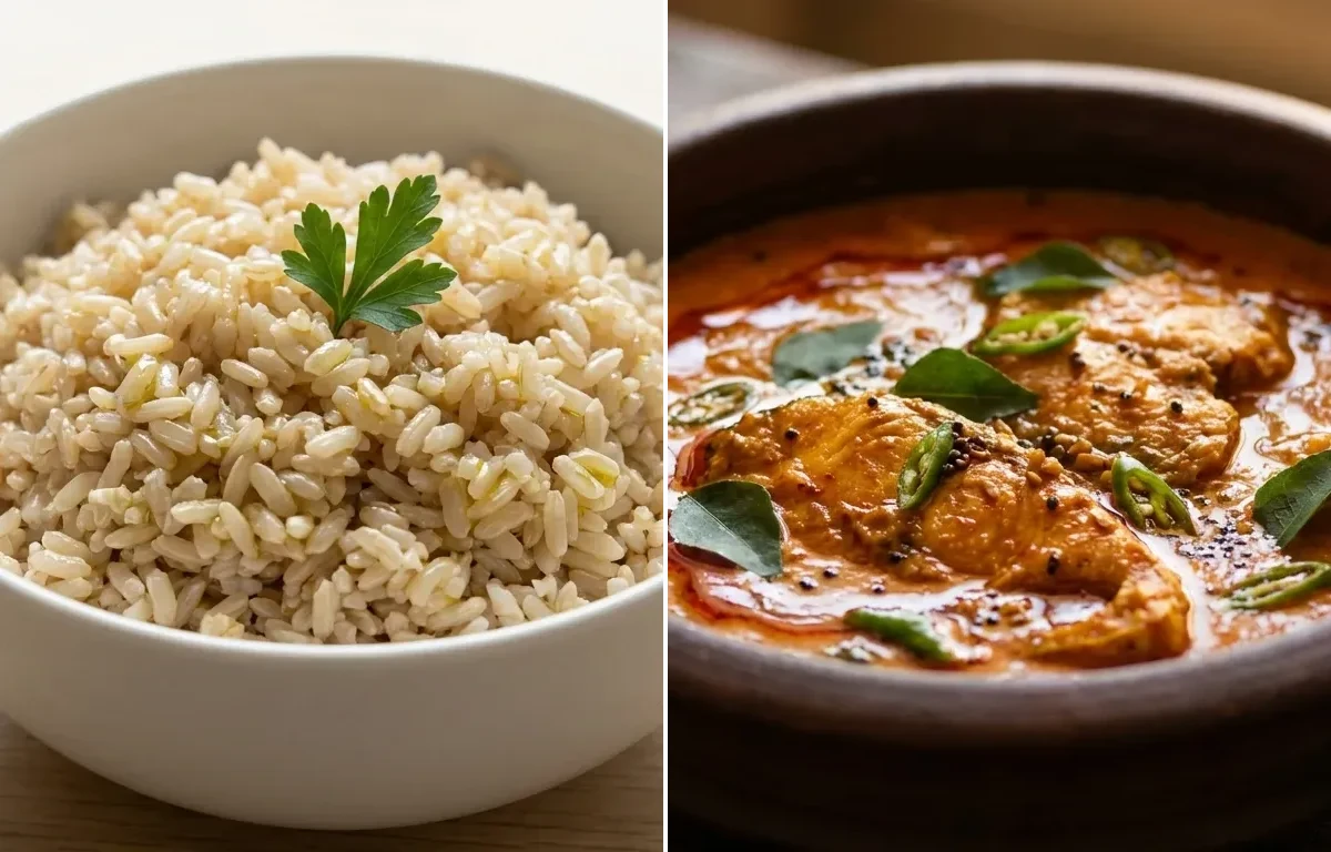 Steamed Steamed White Rice with Fish Curry and Carrot Beans Poriyal