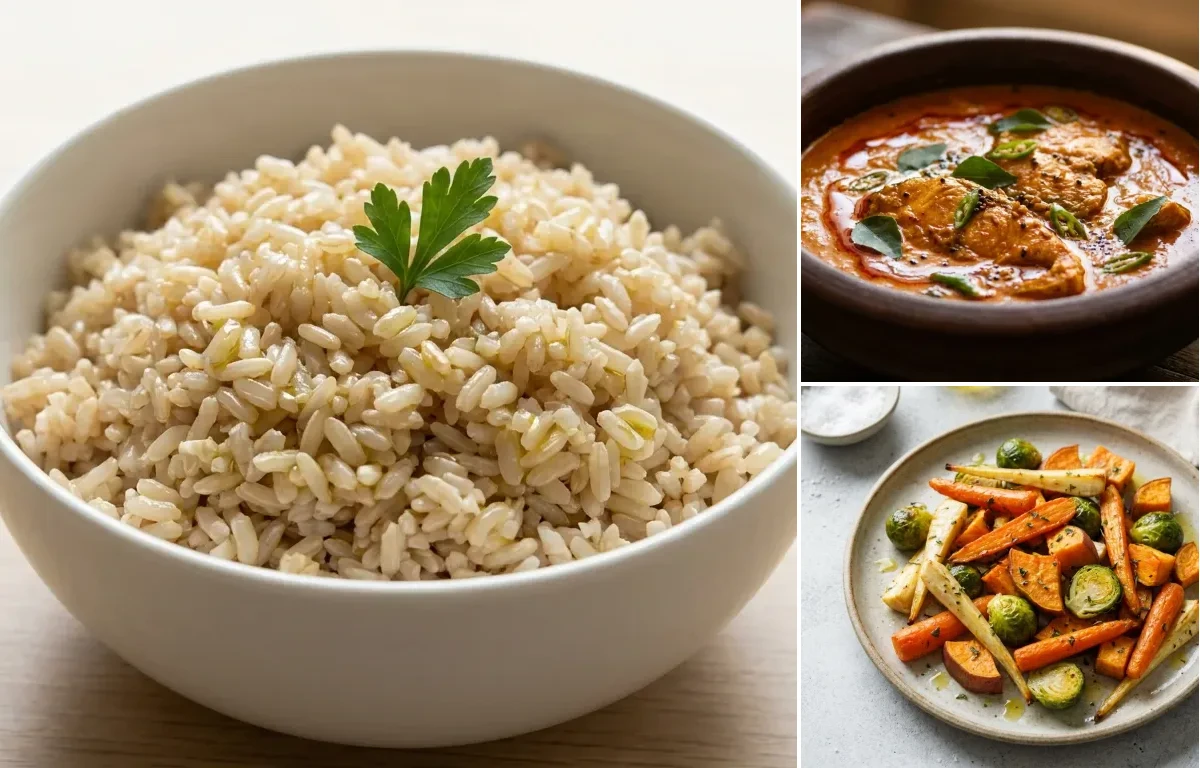 Steamed Brown Rice with Fish Curry and Roasted Veg