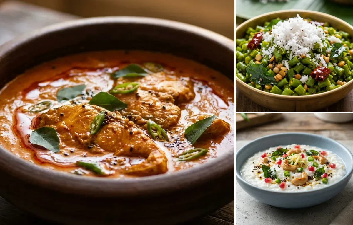 Steamed Steamed White Rice with Fish Curry, Beans Poriyal and Curd Rice Snack Bowl