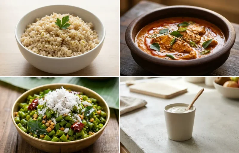 Steamed Steamed White Rice with Fish Curry, Beans Poriyal and Plain Yogurt Cup