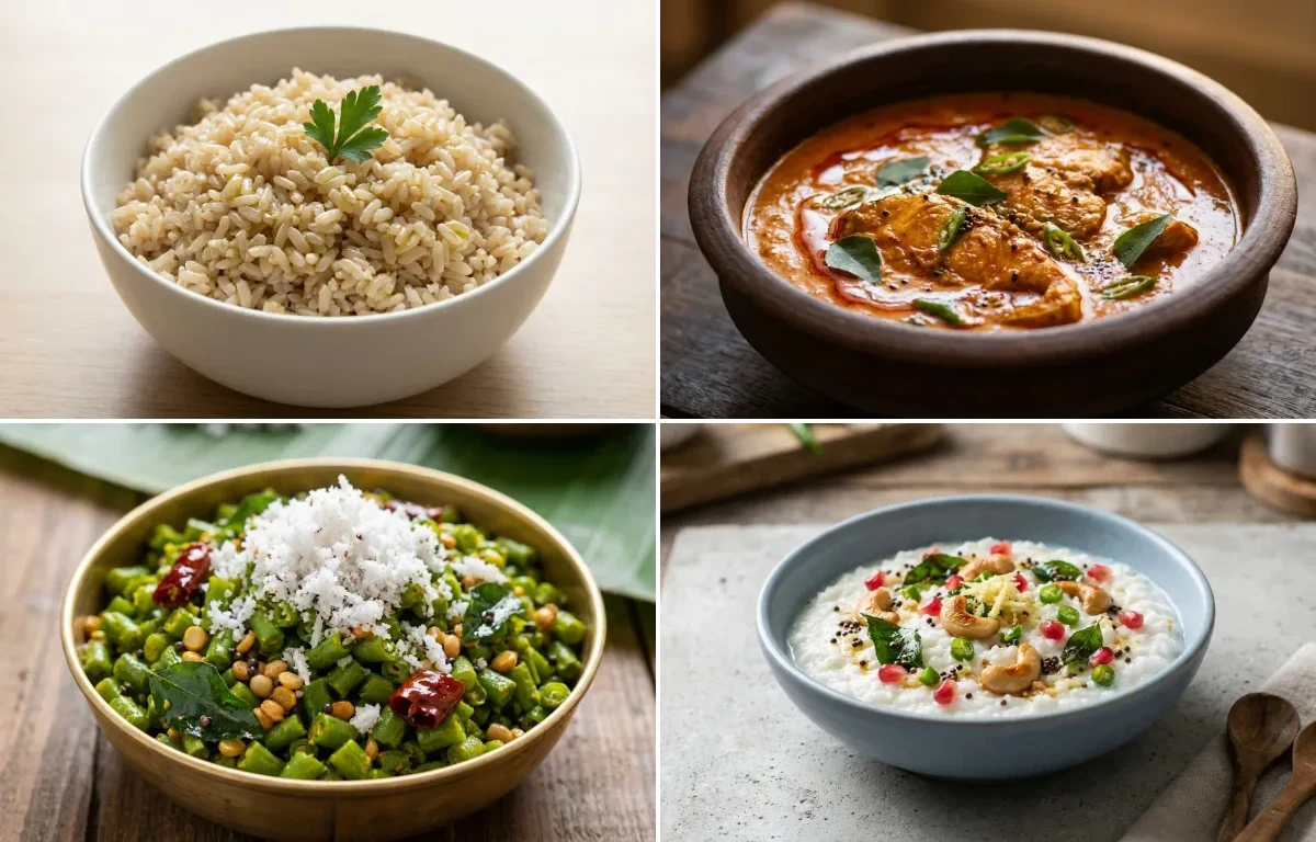 Steamed Steamed White Rice with Fish Curry, Beans Poriyal, Curd Rice Snack Bowl and Tomato Garlic Chutney