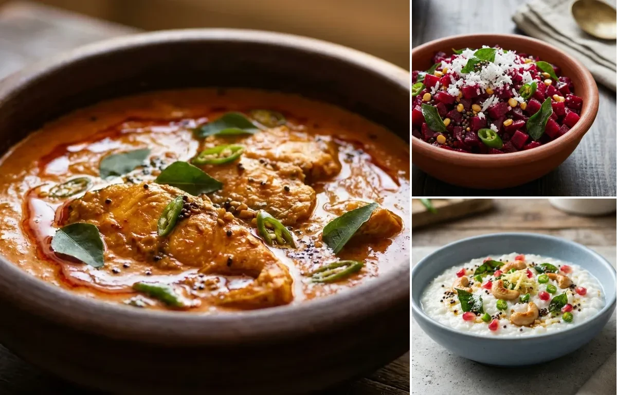 Steamed Steamed White Rice with Fish Curry, Beetroot Poriyal, Curd Rice Snack Bowl and Tomato Garlic Chutney