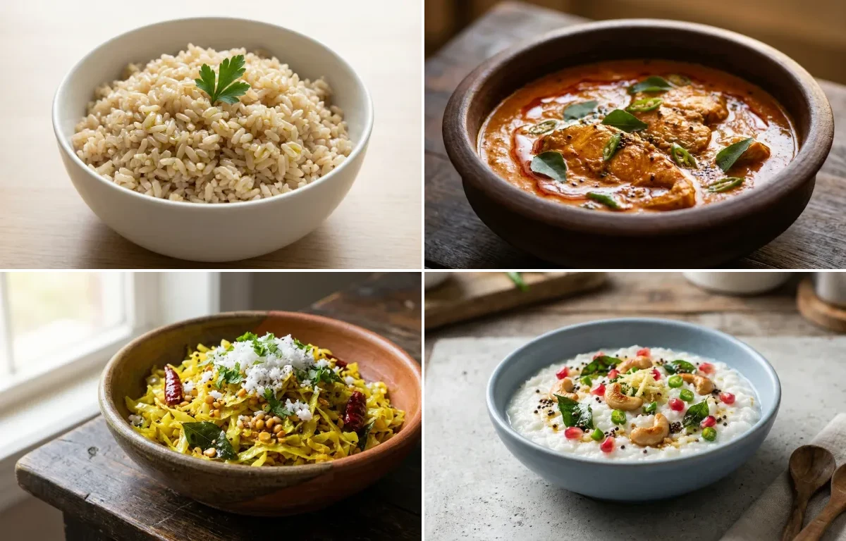 Steamed Steamed White Rice with Fish Curry, Cabbage Poriyal, Curd Rice Snack Bowl and Coriander Coconut Chutney