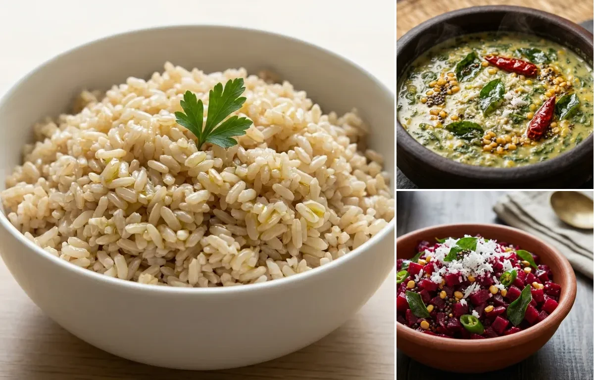 Steamed Steamed White Rice with Keerai Kootu, Prawn Curry, Beetroot Poriyal and Curd Rice Snack Bowl
