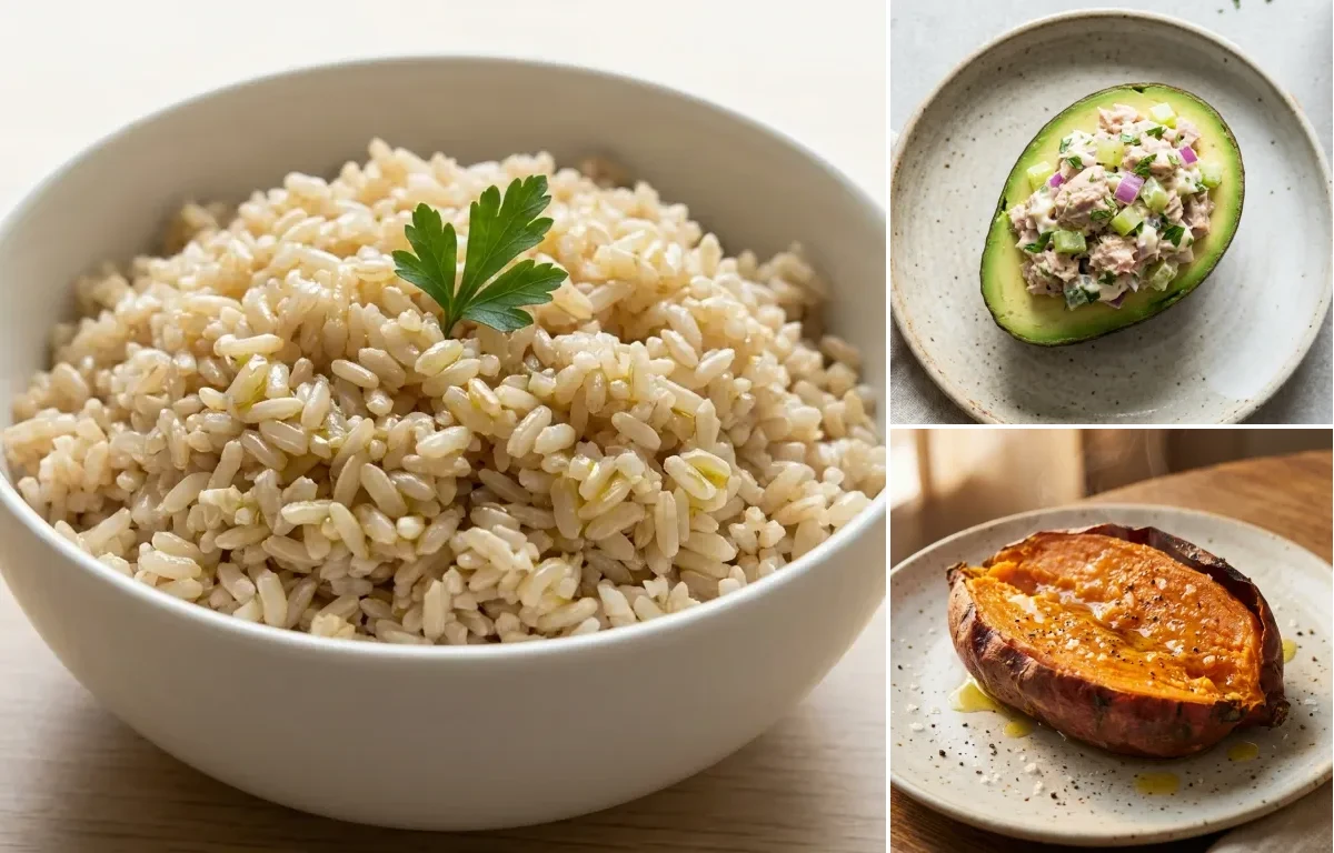 Steamed Brown Rice with Keto Tuna Salad In Avocado Boat and Baked Sweet Potato