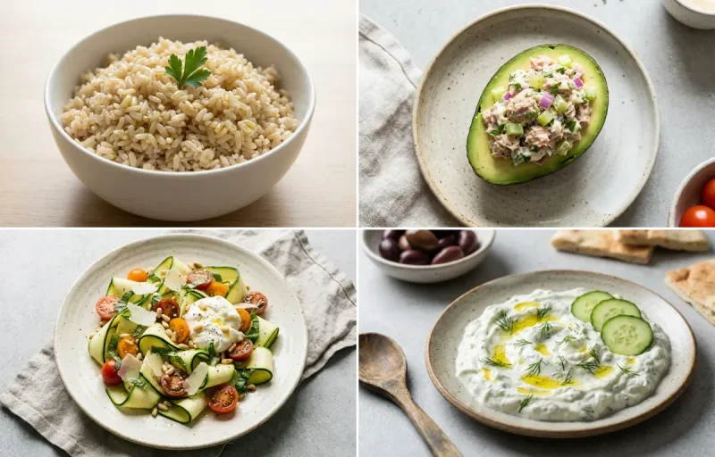 Steamed Brown Rice with Keto Tuna Salad In Avocado Boat, Zucchini Ribbon Salad and Tzatziki Sauce