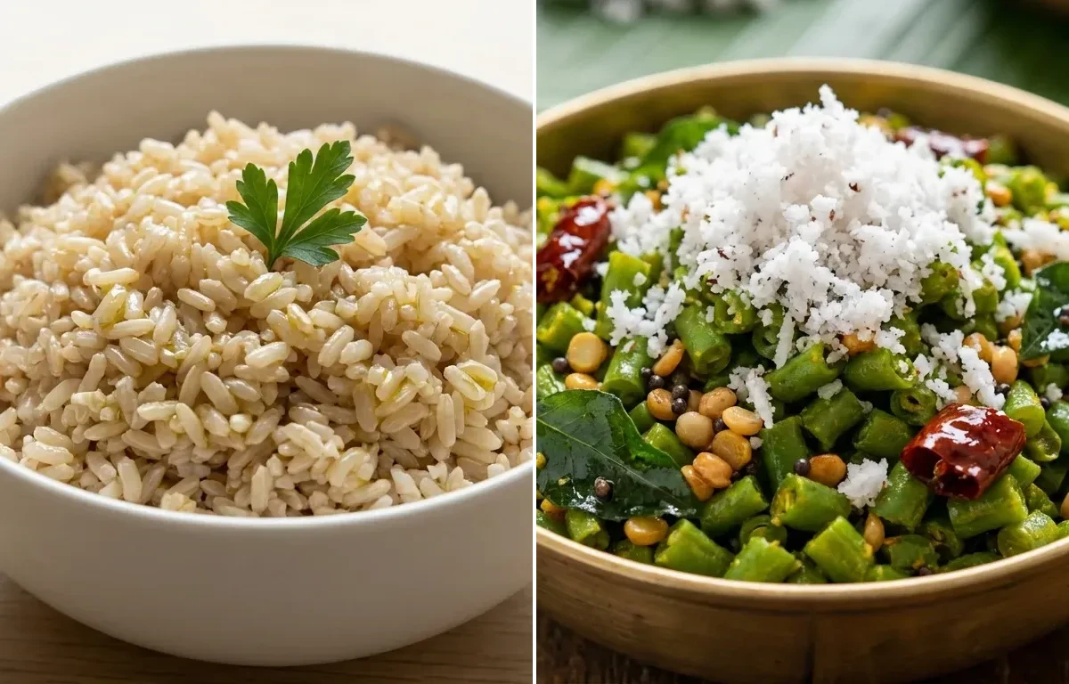 Steamed Steamed White Rice with Prawn Curry and Beans Poriyal