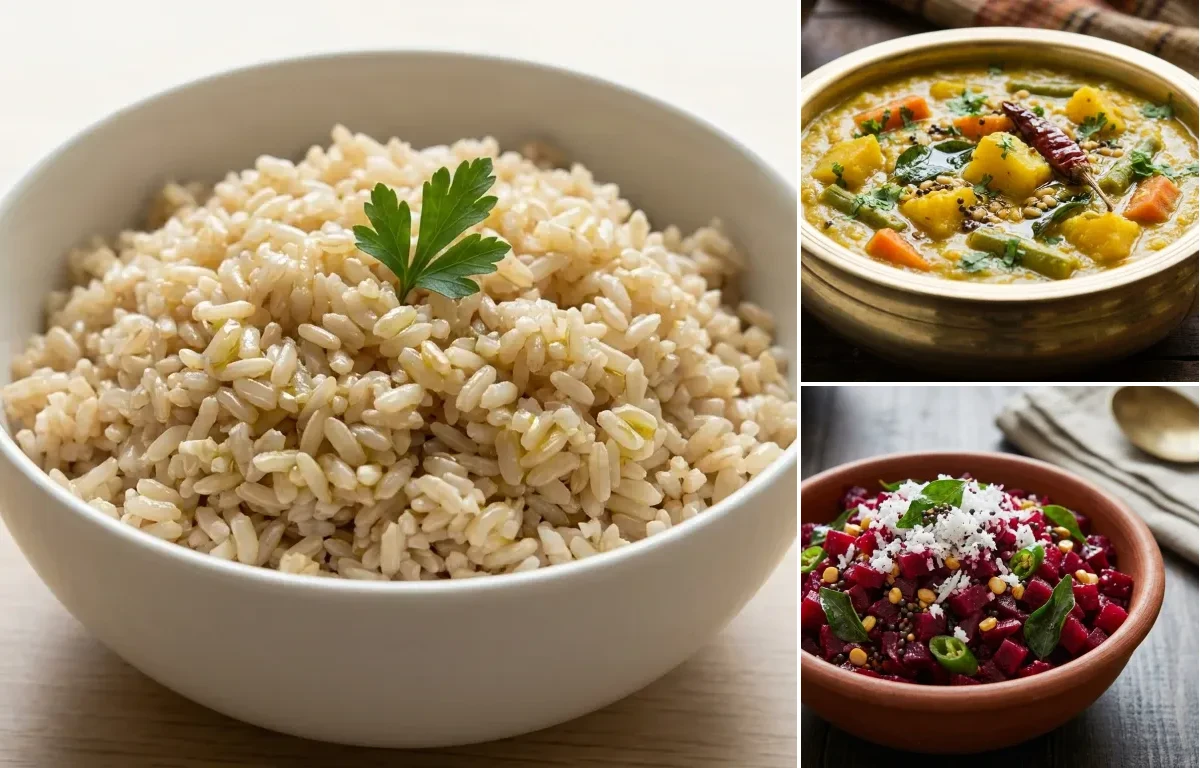 Steamed Steamed White Rice with Prawn Curry, Vegetable Kootu, Beetroot Poriyal and Curd Rice Snack Bowl