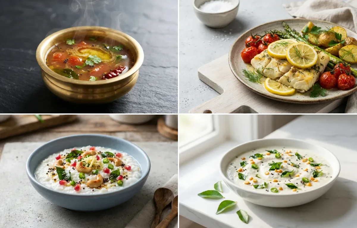 Steamed Steamed White Rice with Rasam, Baked Cod With Lemon, Curd Rice Snack Bowl and Coconut Chutney