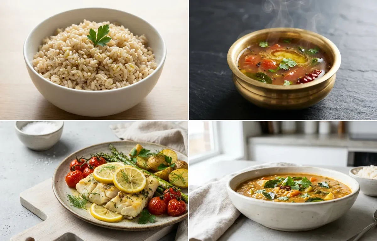 Steamed Brown Rice with Rasam, Baked Cod With Lemon, Drumstick Sambar, Plain Yogurt Cup and Coconut Chutney