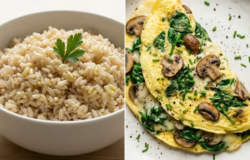 Steamed Steamed White Rice with Spinach Mushroom Omelet and Beet Walnut Salad