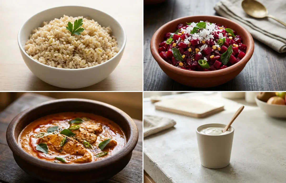 Steamed Steamed White Rice with Tamil Lemon Rasam, Beetroot Poriyal, Fish Curry, Plain Yogurt Cup and Coconut Mint Chutney