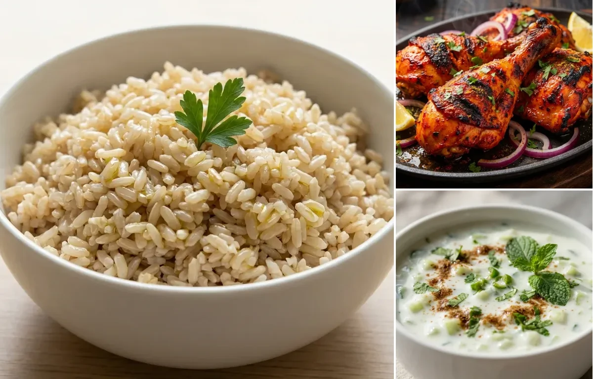 Steamed Steamed White Rice with Tandoori Chicken, Cucumber Raita and Beetroot Carrot Salad