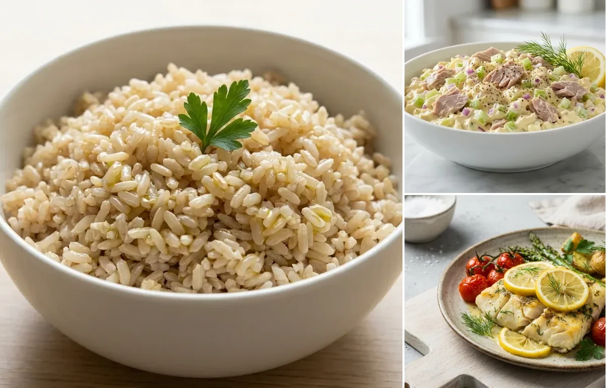 Steamed Steamed White Rice with Tuna Salad, Baked Cod With Lemon and Avocado Half