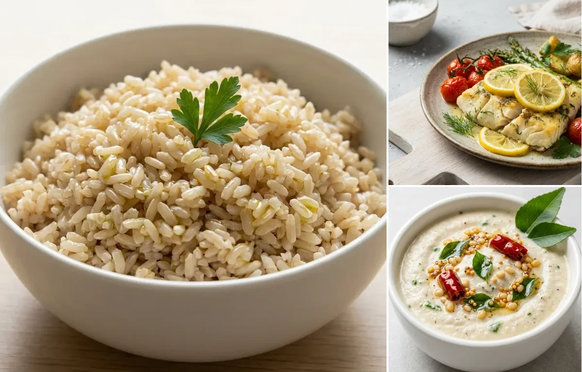 Steamed Steamed White Rice with Vegan Coconut Lentil Curry, Baked Cod With Lemon, Curd Rice Snack Bowl and Coconut Chutney