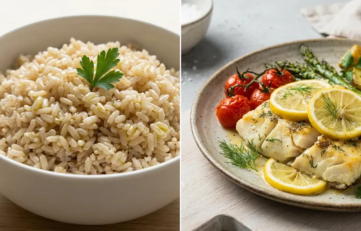 Steamed Steamed White Rice with Vegan Gerd Tofu Mild Stir, Baked Cod With Lemon and Avocado Half