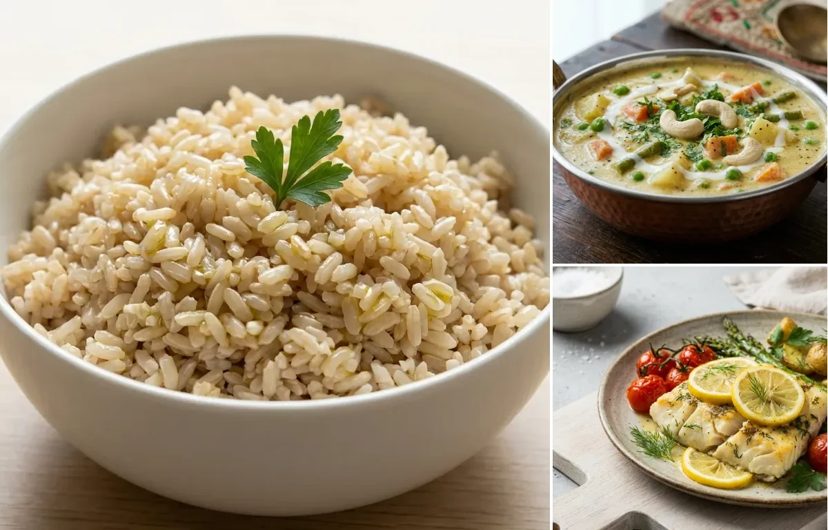 Steamed Steamed White Rice with Vegetable Korma and Baked Cod With Lemon