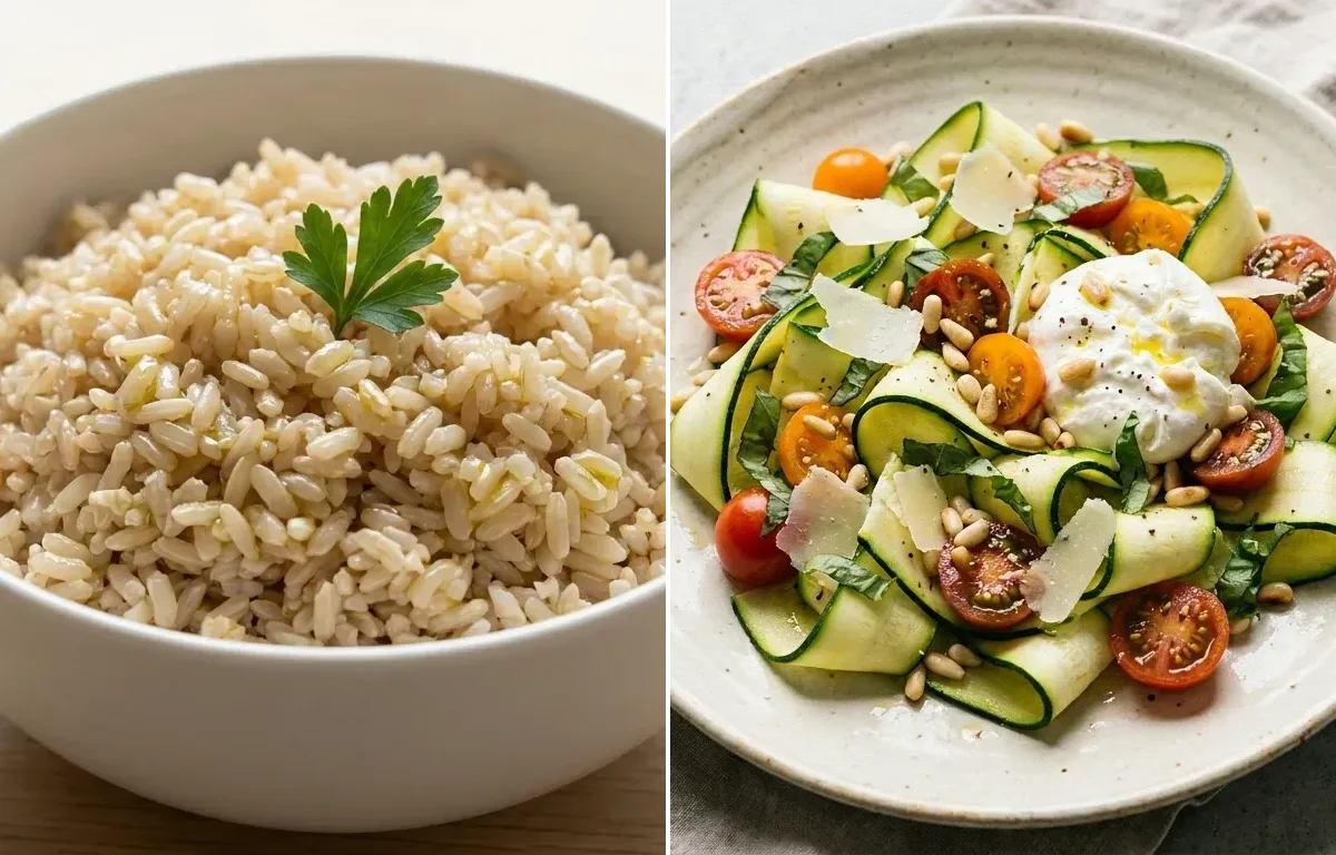 Steamed Brown Rice with Vegetable Omelet, Zucchini Ribbon Salad and Plain Hummus Portion