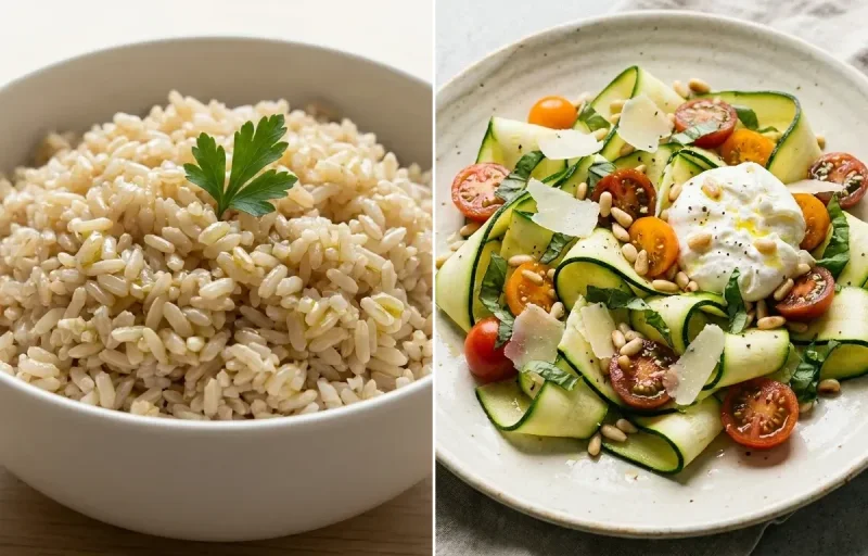 Steamed Steamed White Rice with Vegetable Omelet, Zucchini Ribbon Salad and Plain Hummus Portion