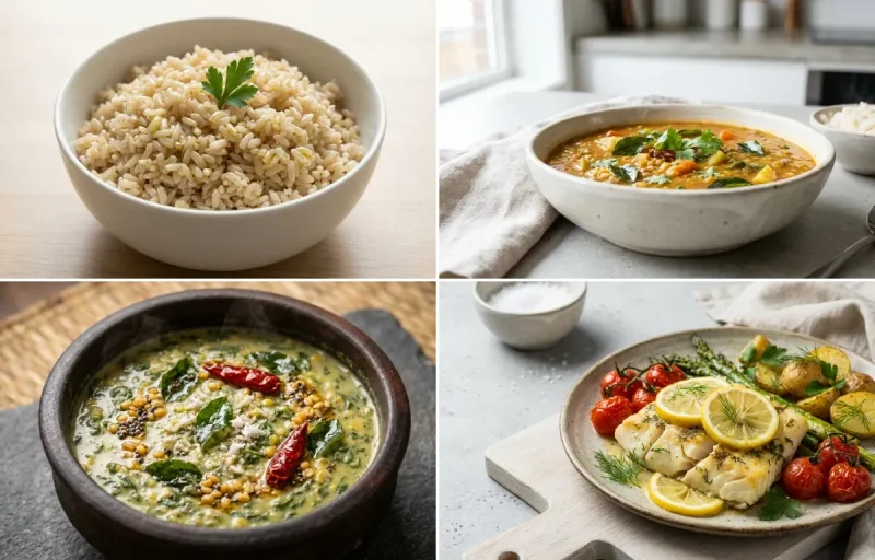 Steamed Steamed White Rice with Vegetable Sambar, Keerai Kootu, Baked Cod With Lemon and Plain Yogurt Cup