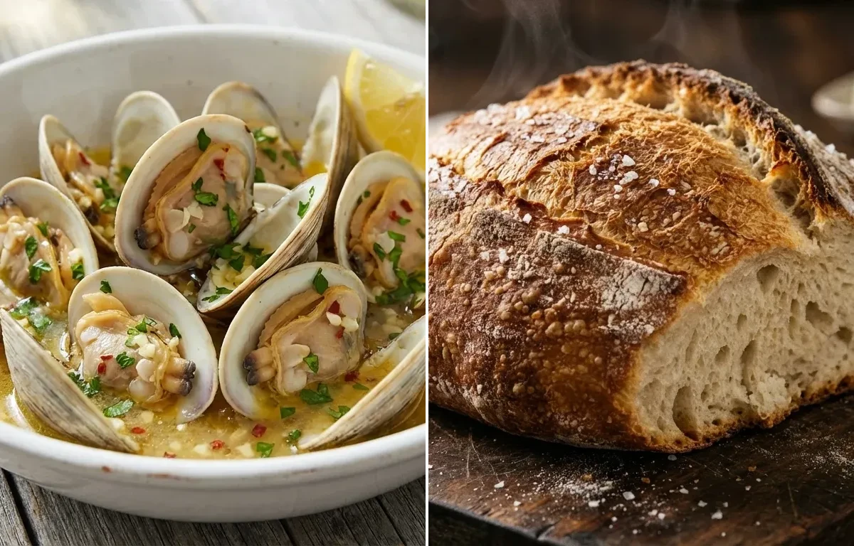 Steamed Clams with Garlic and White Wine with No-Knead Crusty Bread