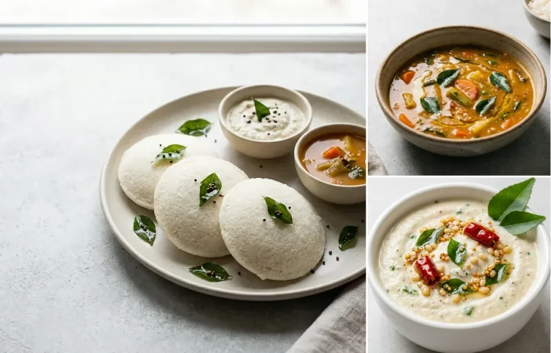 Steamed Idli, Gut-Friendly Sambar and Coconut Chutney