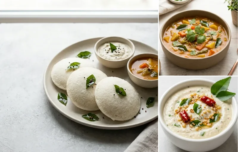 Steamed Idli, Vegetable Sambar and Coconut Chutney