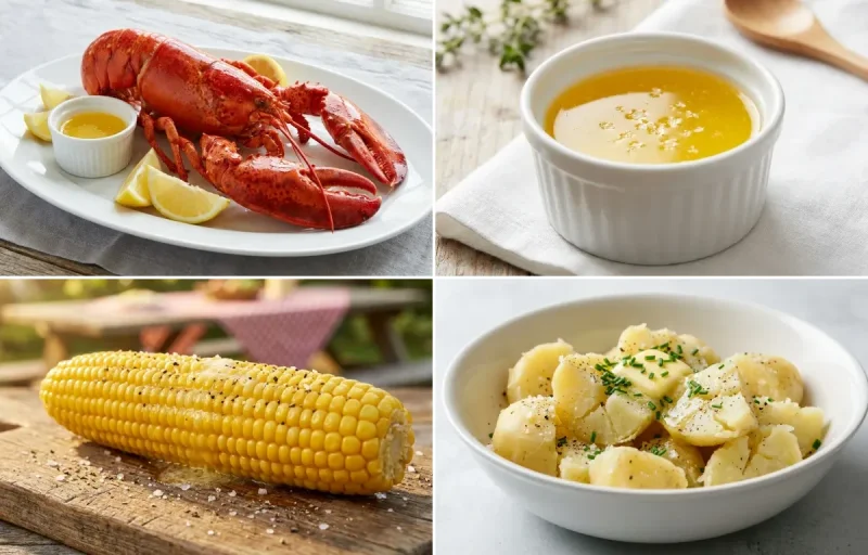 Steamed Lobster with Drawn Butter, Corn on the Cob and Boiled Potatoes