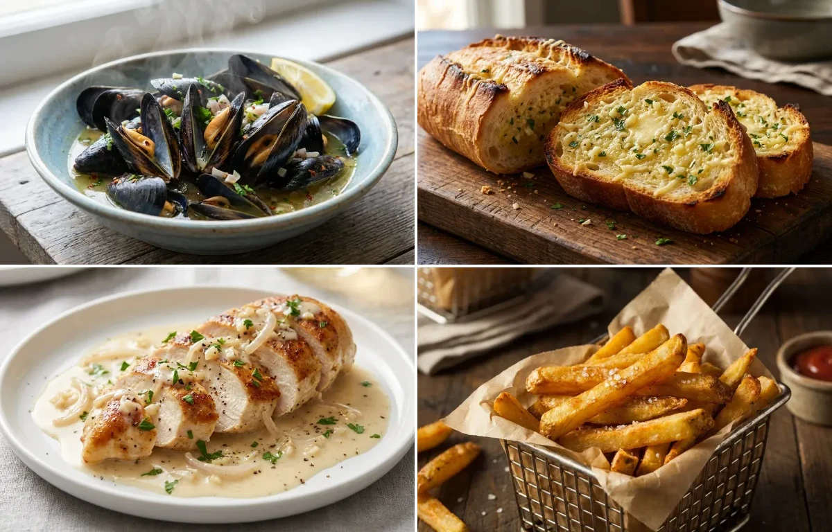 Steamed Mussels in White Wine and Garlic with Garlic Bread, Chicken in White Wine Sauce and French Fries