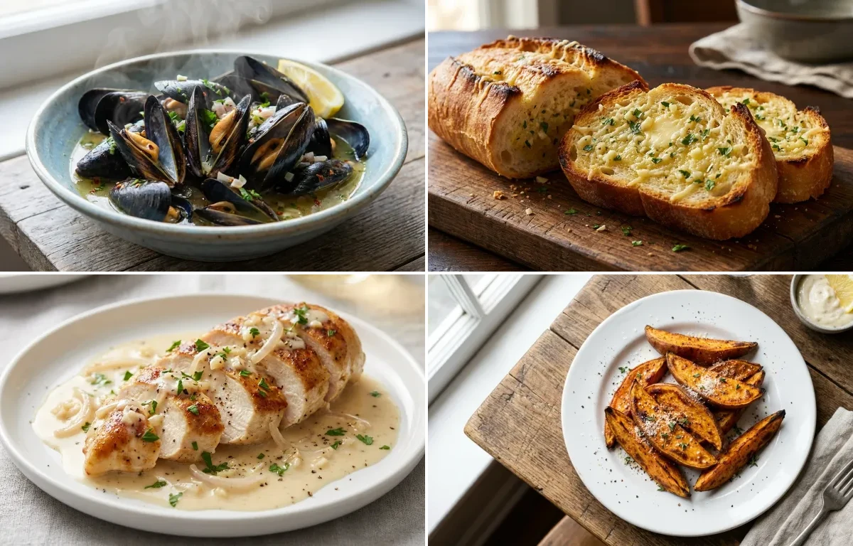 Steamed Mussels in White Wine and Garlic with Garlic Bread, Chicken in White Wine Sauce and Sweet Potato Wedges