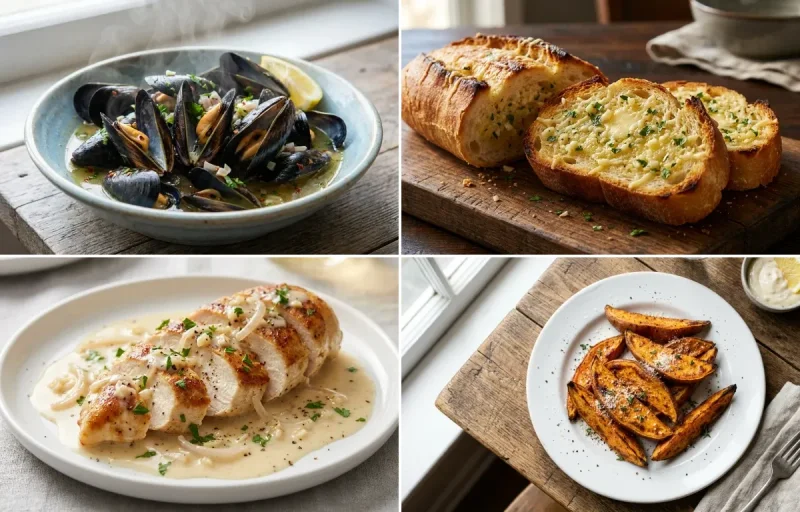 Steamed Mussels in White Wine and Garlic with Garlic Bread, Chicken in White Wine Sauce and Sweet Potato Wedges