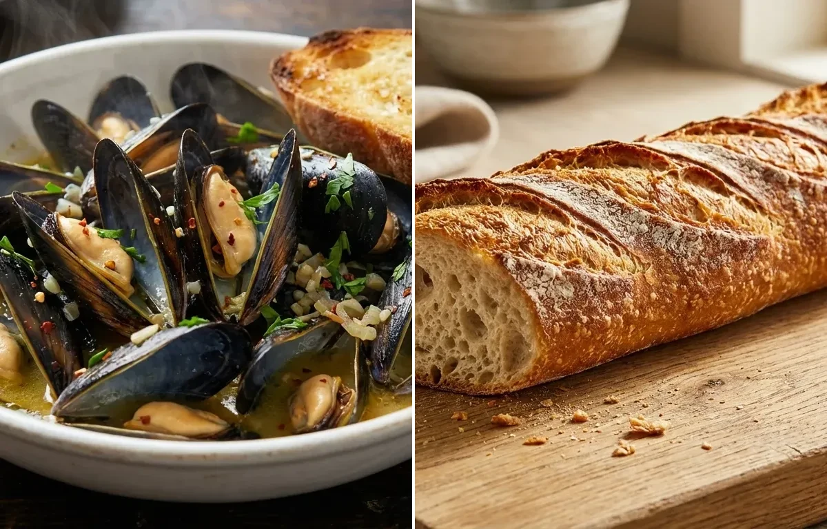 Steamed Mussels with Garlic and White Wine with Baguette