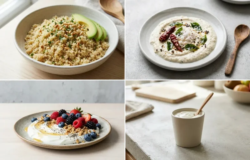 Steamed Quinoa with Coconut Chutney No-Salt, Yogurt Berry Bowl and Plain Yogurt Cup