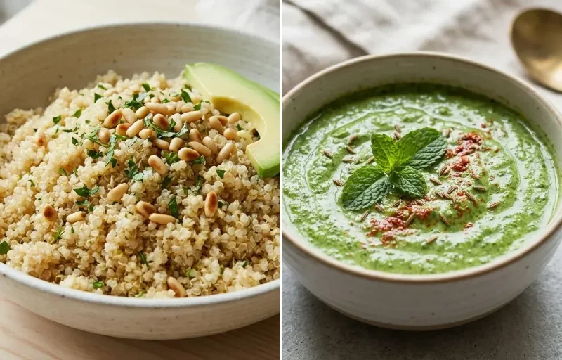 Steamed Quinoa with Mint Yogurt Chutney and Hard Boiled Eggs And Fruit
