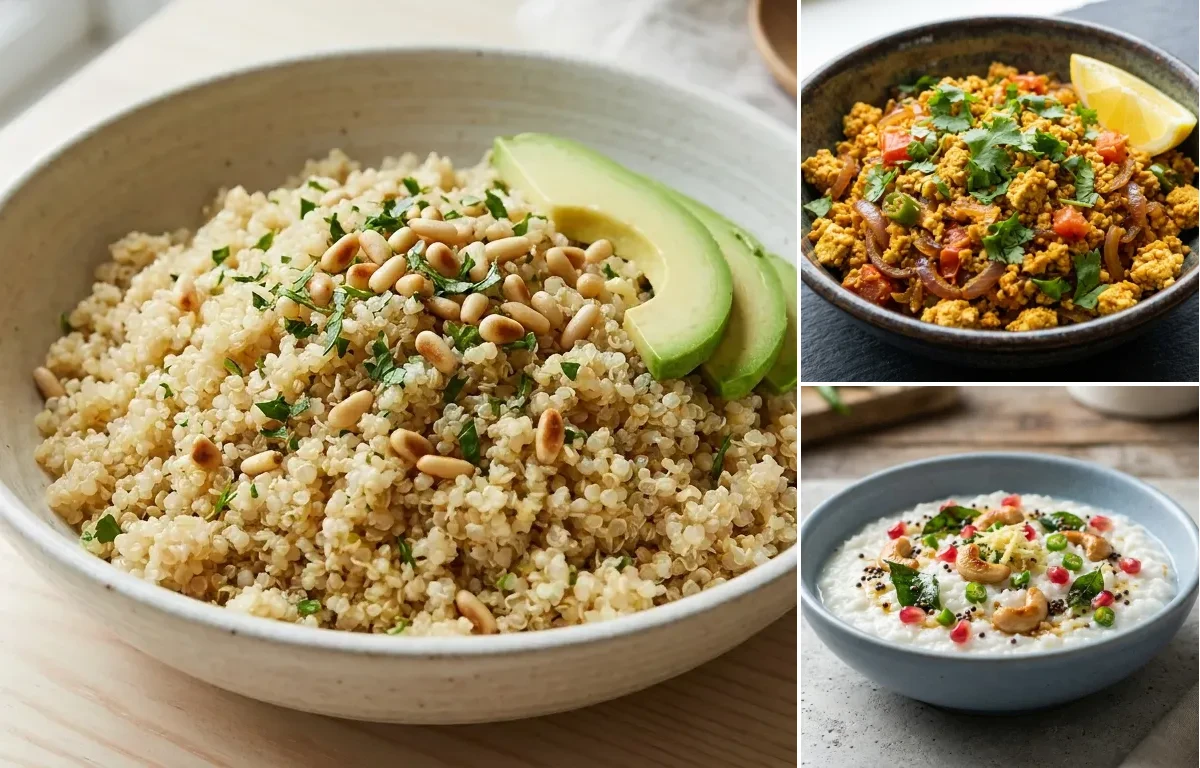 Steamed Quinoa with Tofu Bhurji, Coriander Coconut Chutney, Yogurt With Fruit and Curd Rice Snack Bowl