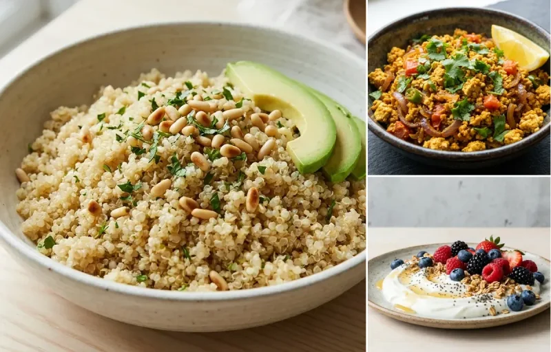 Steamed Quinoa with Tofu Bhurji, Mint Coriander Chutney No-Salt, Yogurt Berry Bowl and Curd Rice Snack Bowl