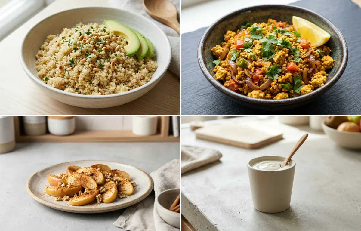 Steamed Quinoa with Tofu Bhurji, Tomato Garlic Chutney, Apple With Cinnamon and Plain Yogurt Cup
