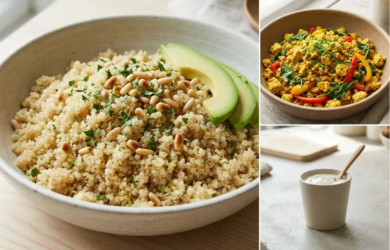 Steamed Quinoa with Tofu Scramble, Cilantro Coconut Chutney and Plain Yogurt Cup