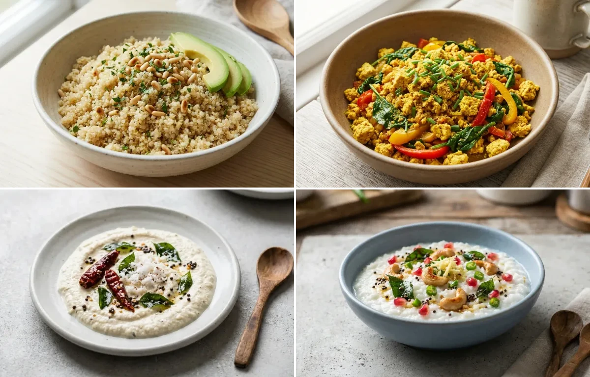 Steamed Quinoa with Tofu Scramble, Coconut Chutney No-Salt, Yogurt With Fruit and Curd Rice Snack Bowl