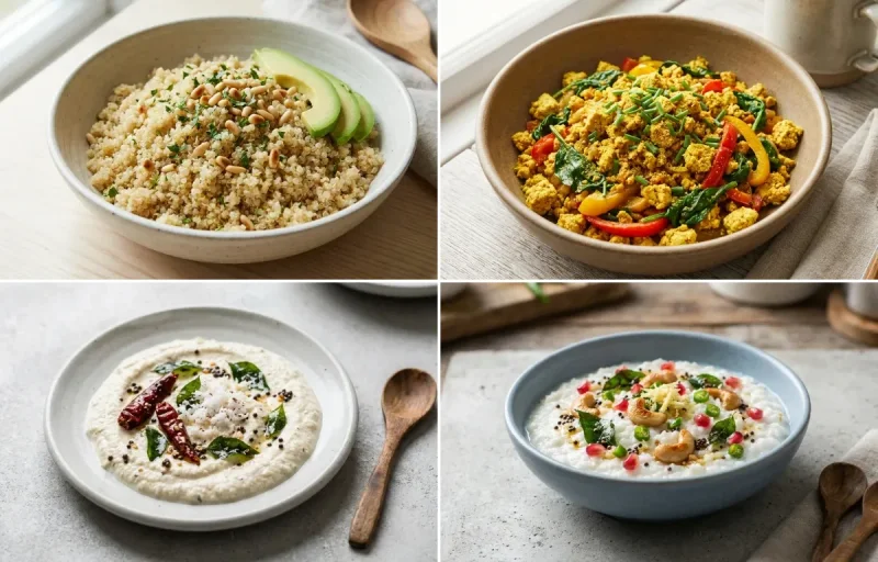 Steamed Quinoa with Tofu Scramble, Coconut Chutney No-Salt, Yogurt With Fruit and Curd Rice Snack Bowl