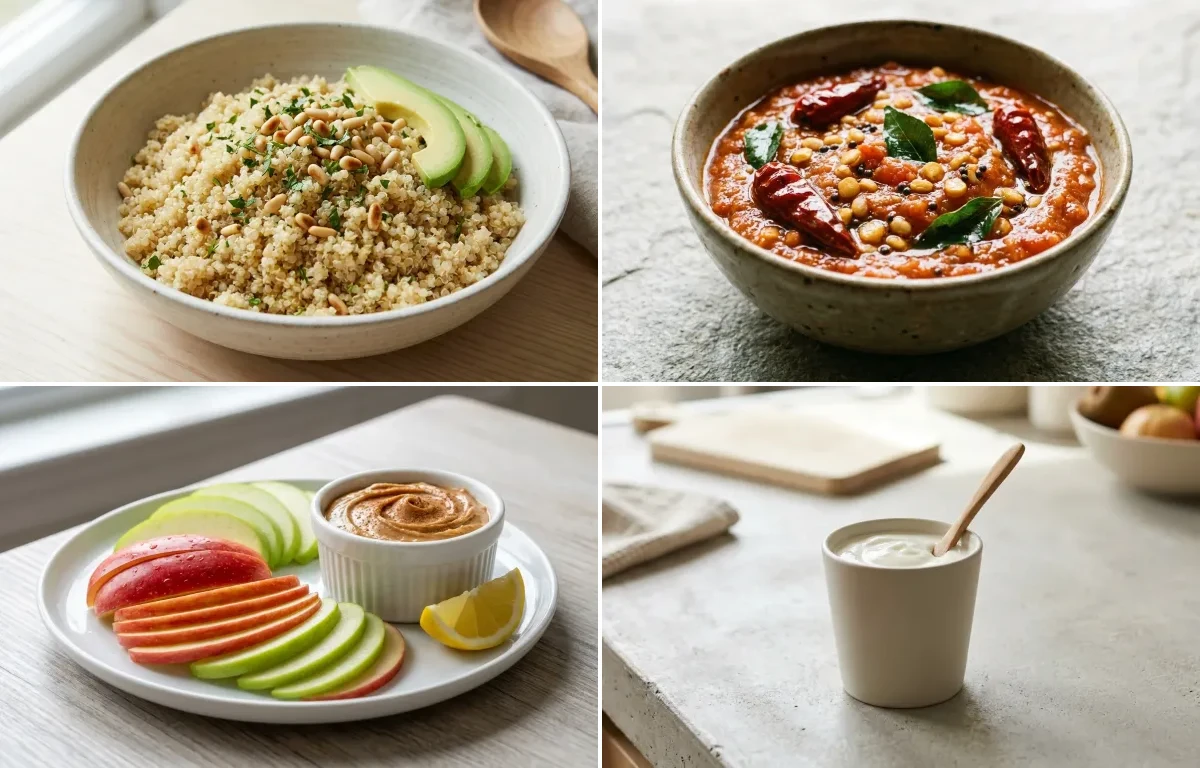 Steamed Quinoa with Tomato Chutney, Apple Slices With Peanut Butter and Plain Yogurt Cup