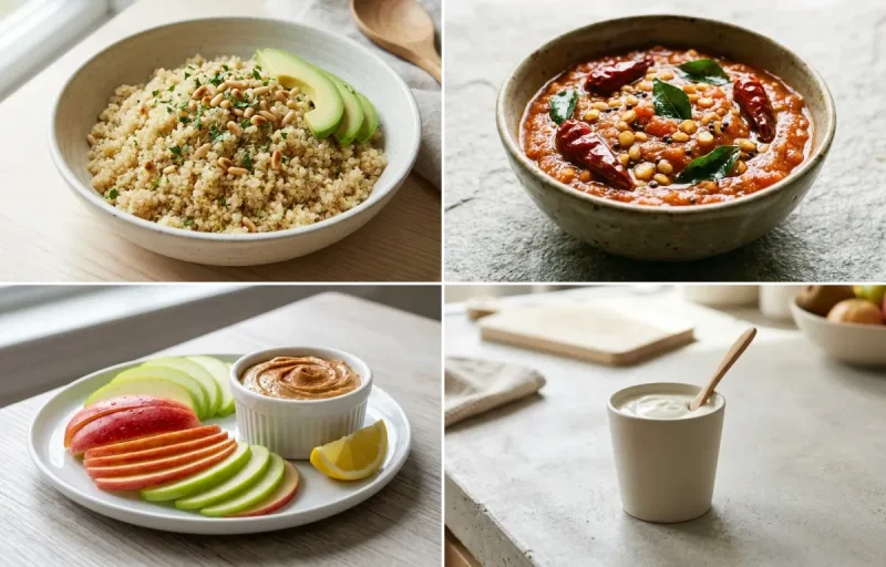Steamed Quinoa with Tomato Chutney, Apple Slices With Peanut Butter and Plain Yogurt Cup