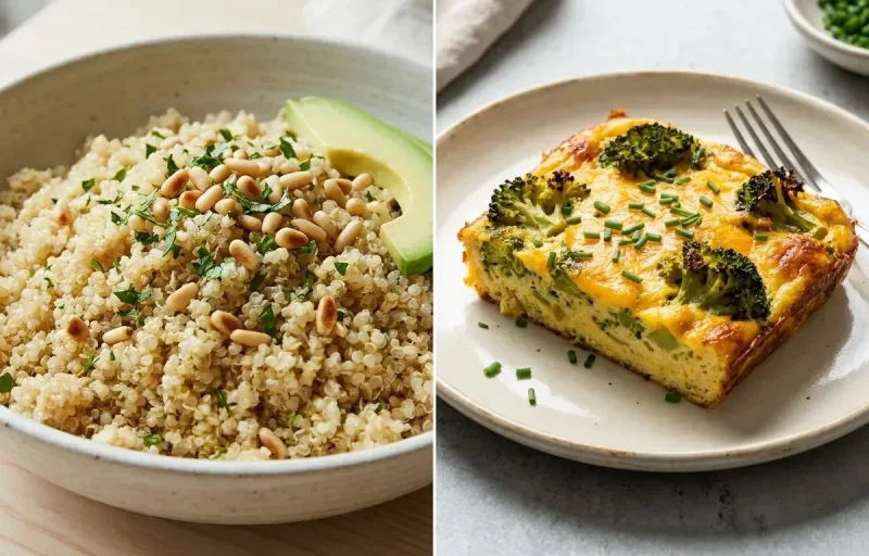 Steamed Quinoa with Vegan Low-Ox Apple Cabbage Salad and Broccoli Cheddar Egg Bake