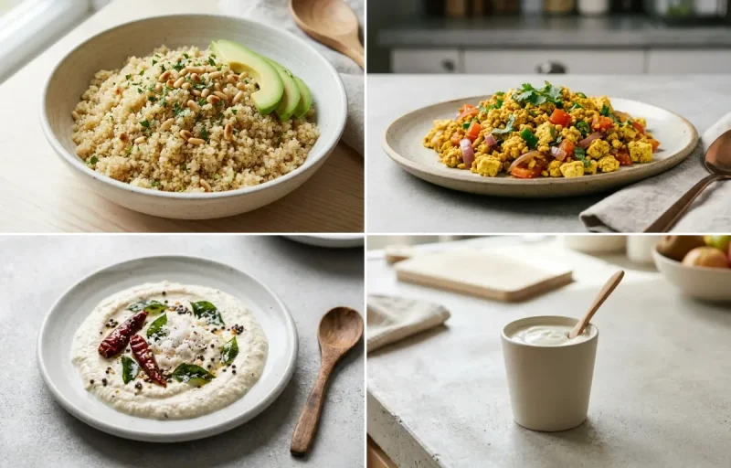 Steamed Quinoa with Vegan Tofu Bhurji, Coconut Chutney No-Salt, Cucumber Chaat and Plain Yogurt Cup