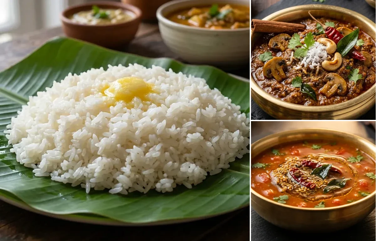 Steamed Rice with Andhra Mushroom Kura and Tomato Charu