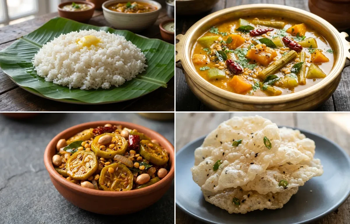 Steamed Rice with Mukkala Pulusu, Dondakaya Vepudu and Biyyam Vadiyalu