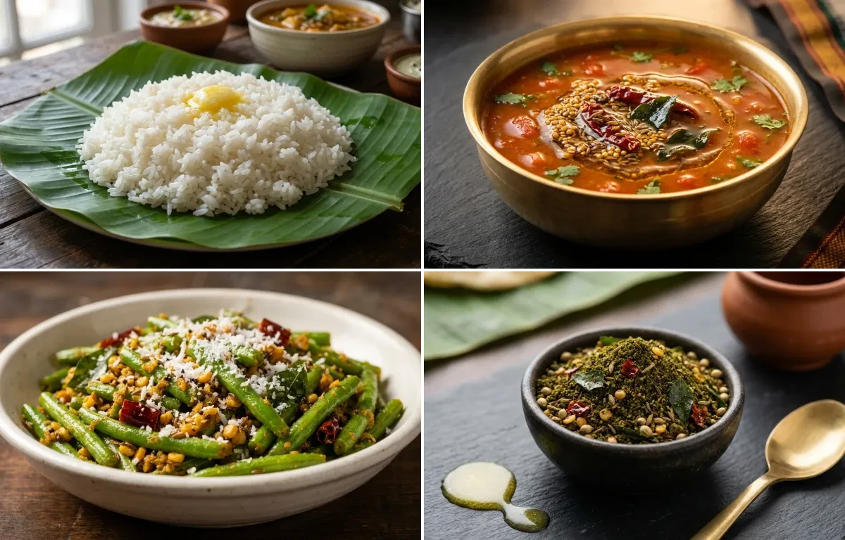 Steamed Rice with Tomato Charu, Beans Vepudu and Karivepaku Podi