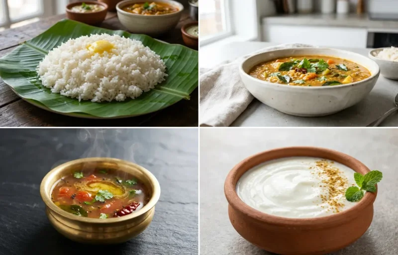 Steamed Rice with Sambar with Rasam with Cabbage Poriyal with Papad with Dahi